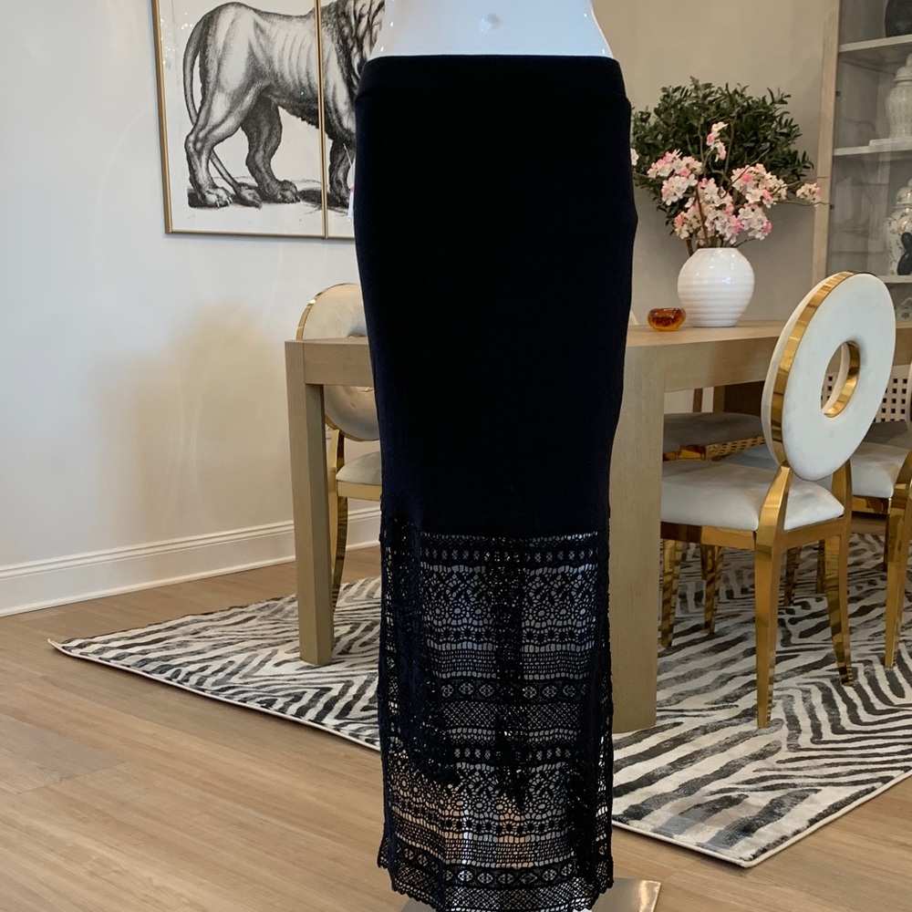 Women's Black Lace Maxi Skirt - Elegant Knit Panel